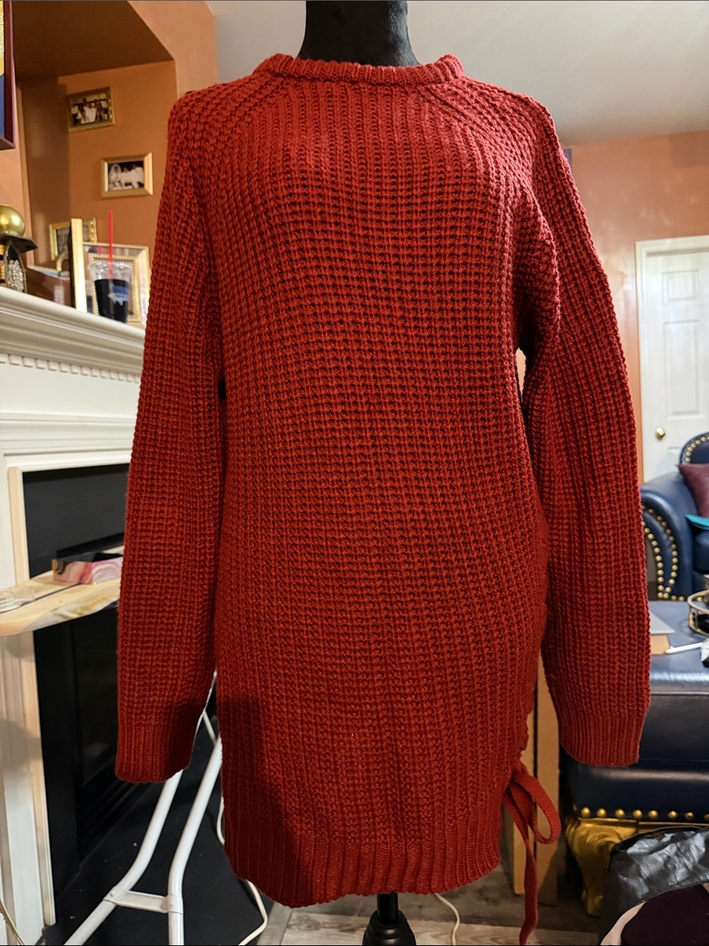 Poof! Rust Scoop Neck Waffle Knit Sweater- Burnt Orange Color